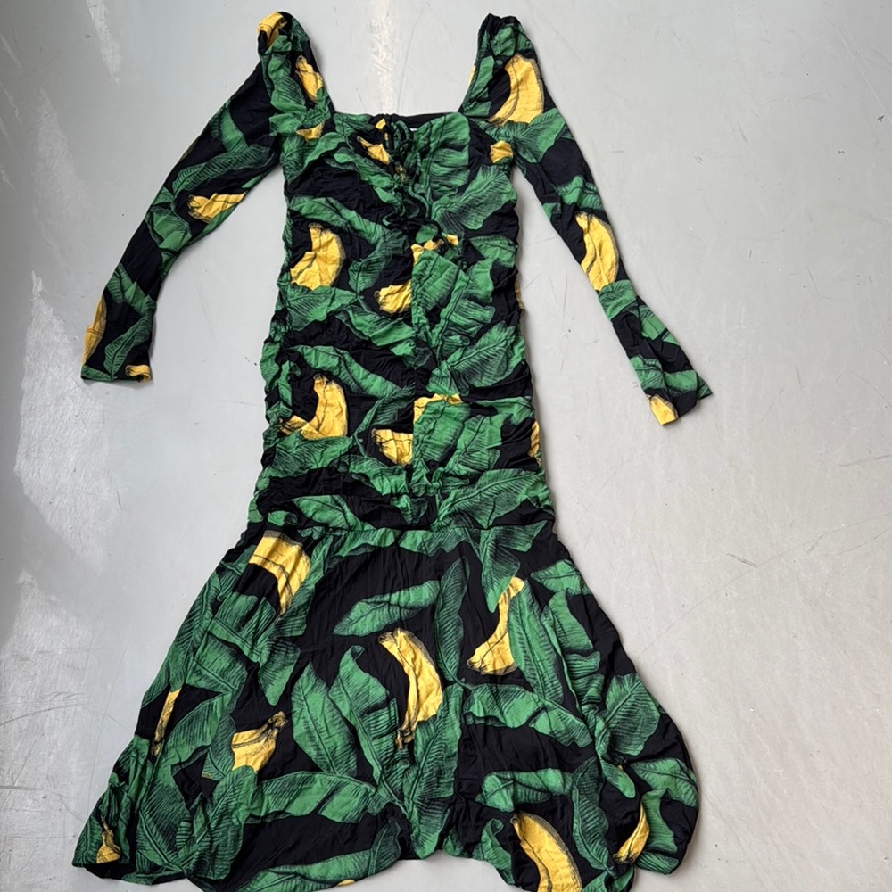 Ganni Green, Black & Yellow Ruched Long-Sleeve Midi Dress - Picture 2 of 6